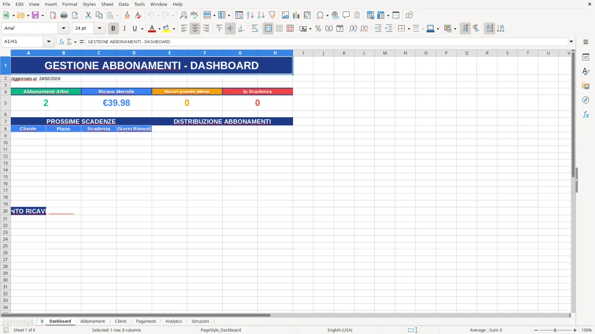 Figura 1: Foglio Dashboard - Modello Excel gestione abbonamenti excel