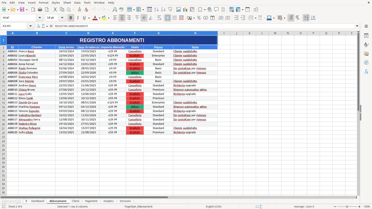 Figura 2: Foglio Abbonamenti - Modello Excel gestione abbonamenti excel