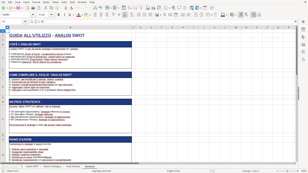 Figura 4: Foglio Istruzioni - Modello Excel modello analisi SWOT excel