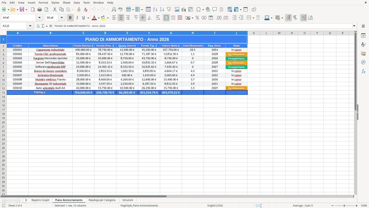 Figura 2: Foglio Piano Ammortamento - Modello Excel registro cespiti excel