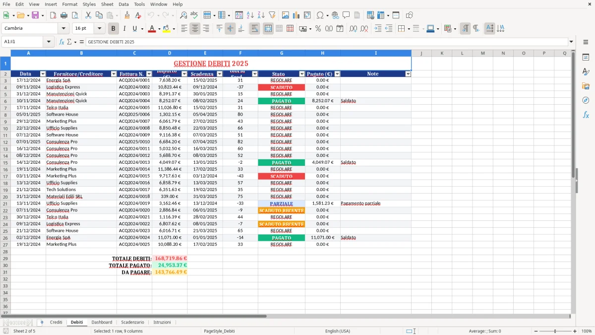 Figura 2: Foglio Debiti - Modello Excel gestione crediti e debiti excel