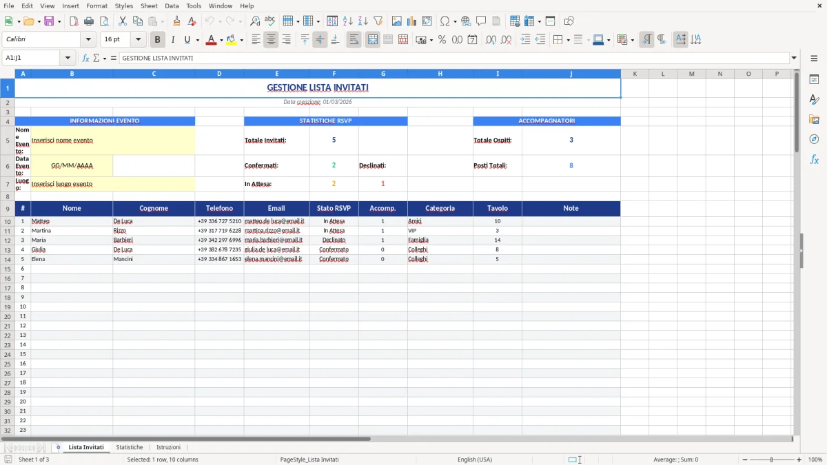 Figura 1: Foglio Lista Invitati - Modello Excel modello lista invitati excel