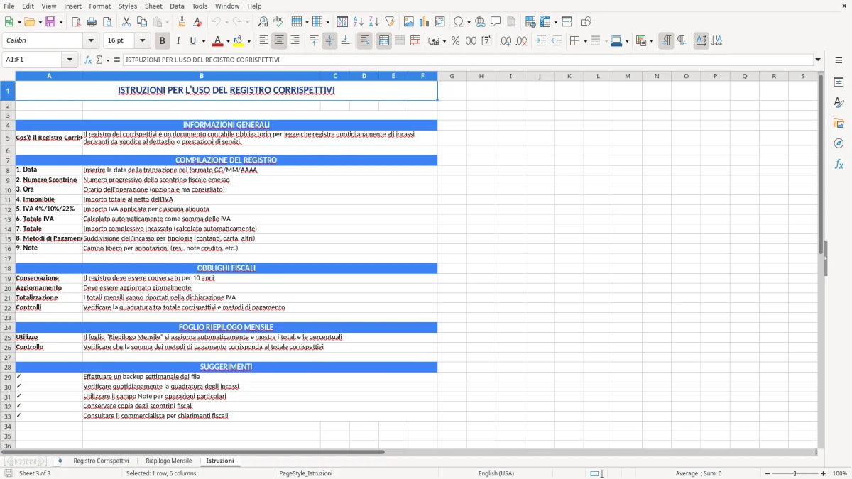 Figura 3: Foglio Istruzioni - Modello Excel registro corrispettivi excel