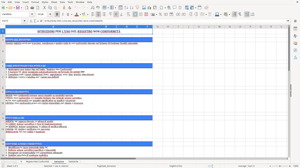 Figura 2: Foglio Istruzioni - Modello Excel registro non conformità excel