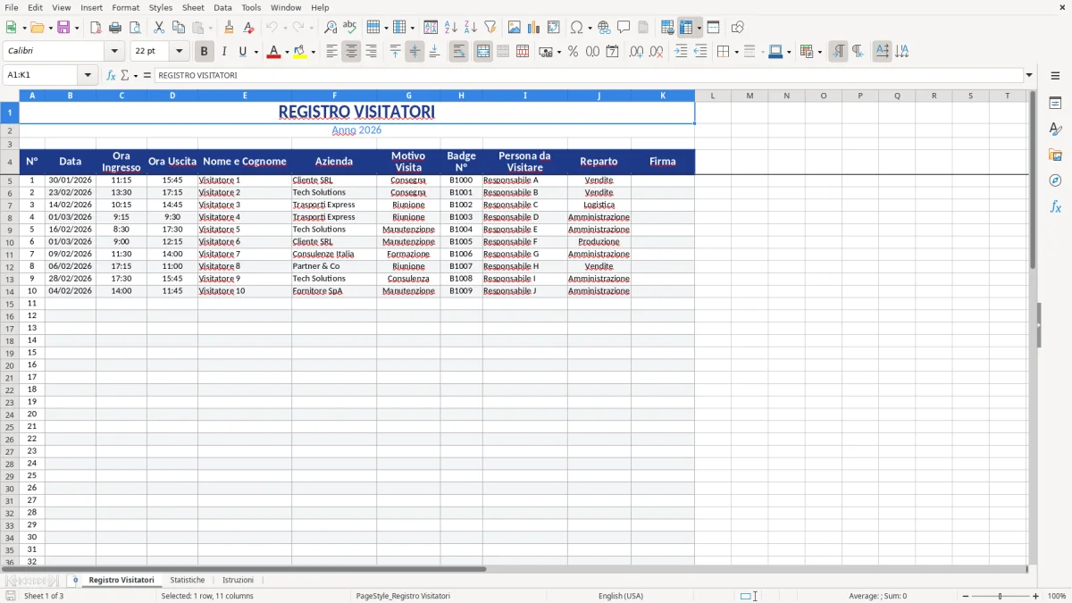 Figura 1: Foglio Registro Visitatori - Modello Excel registro visitatori excel