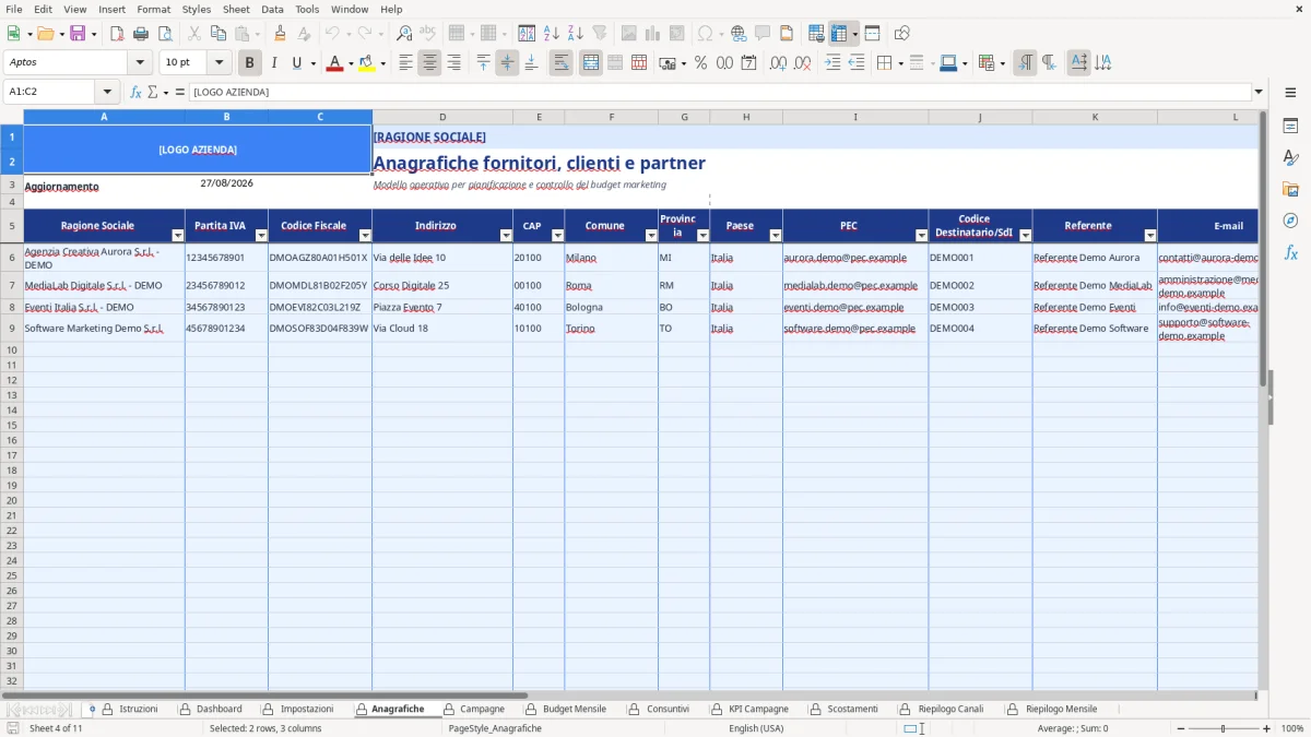 Figura 4: Foglio Anagrafiche - Modello Excel Budget marketing campagne Excel - Modello Gratis (2026)