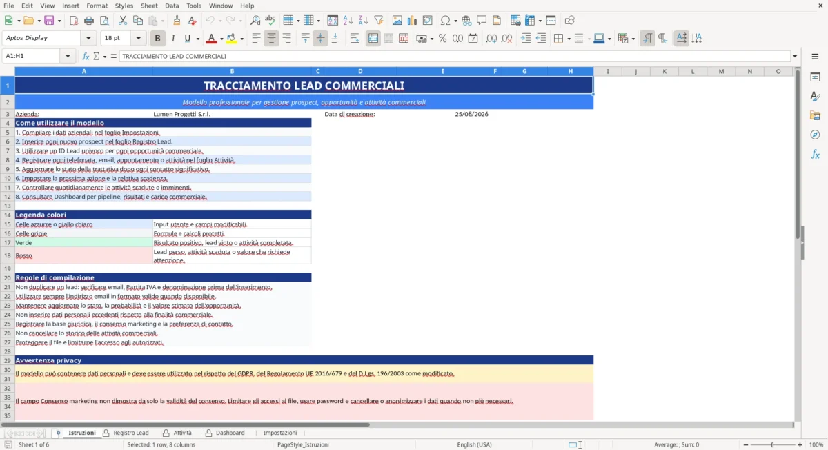 Figura 3: Foglio Istruzioni - Modello Excel Tracciamento lead commerciali Excel - Modello Gratis (2026)