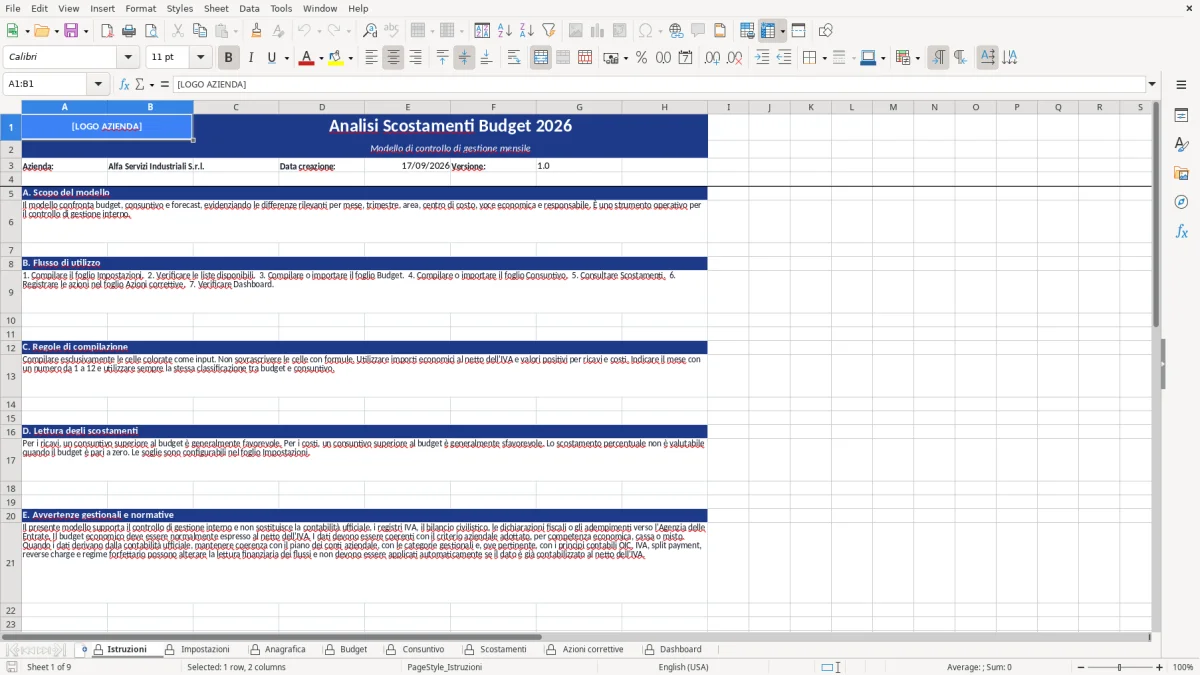 Figura 1: Foglio Istruzioni - Modello Excel Analisi scostamenti budget Excel - Modello Gratis (2026)