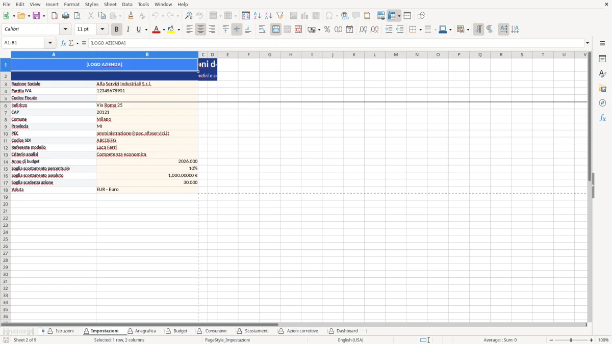 Figura 2: Foglio Impostazioni - Modello Excel Analisi scostamenti budget Excel - Modello Gratis (2026)