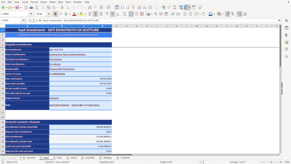 Figura 2: Foglio Input - Modello Excel Calcolo ROI investimenti Excel - Modello Gratis (2026)