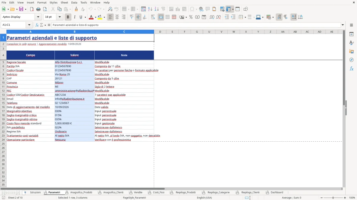Figura 2: Foglio Parametri - Modello Excel Marginalità per prodotto Excel - Modello Gratis (2026)
