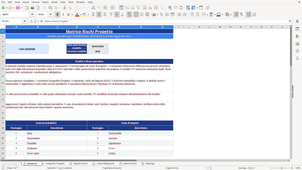 Figura 1: Foglio Istruzioni - Modello Excel Matrice rischi progetto Excel - Modello Gratis (2026)