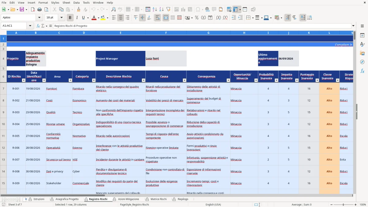 Figura 3: Foglio Registro Rischi - Modello Excel Matrice rischi progetto Excel - Modello Gratis (2026)