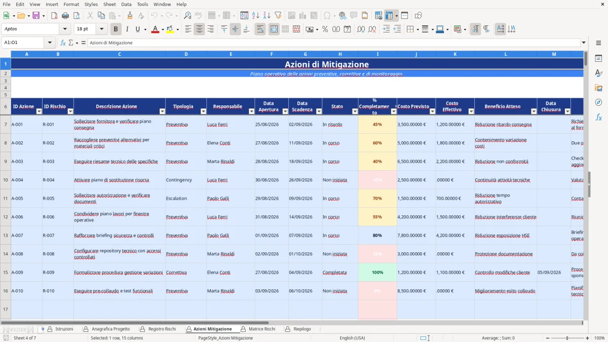 Figura 4: Foglio Azioni Mitigazione - Modello Excel Matrice rischi progetto Excel - Modello Gratis (2026)