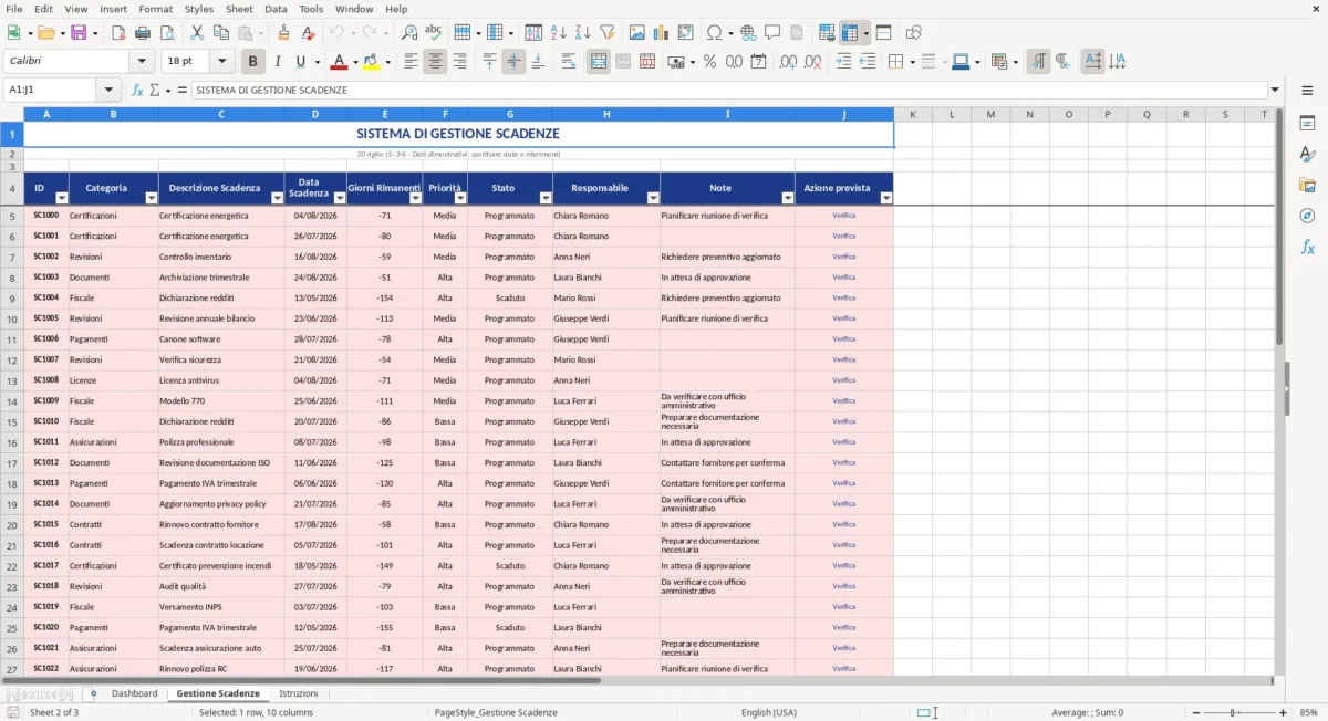 Figura 2: Foglio Gestione Scadenze - Modello Excel gestione scadenze excel