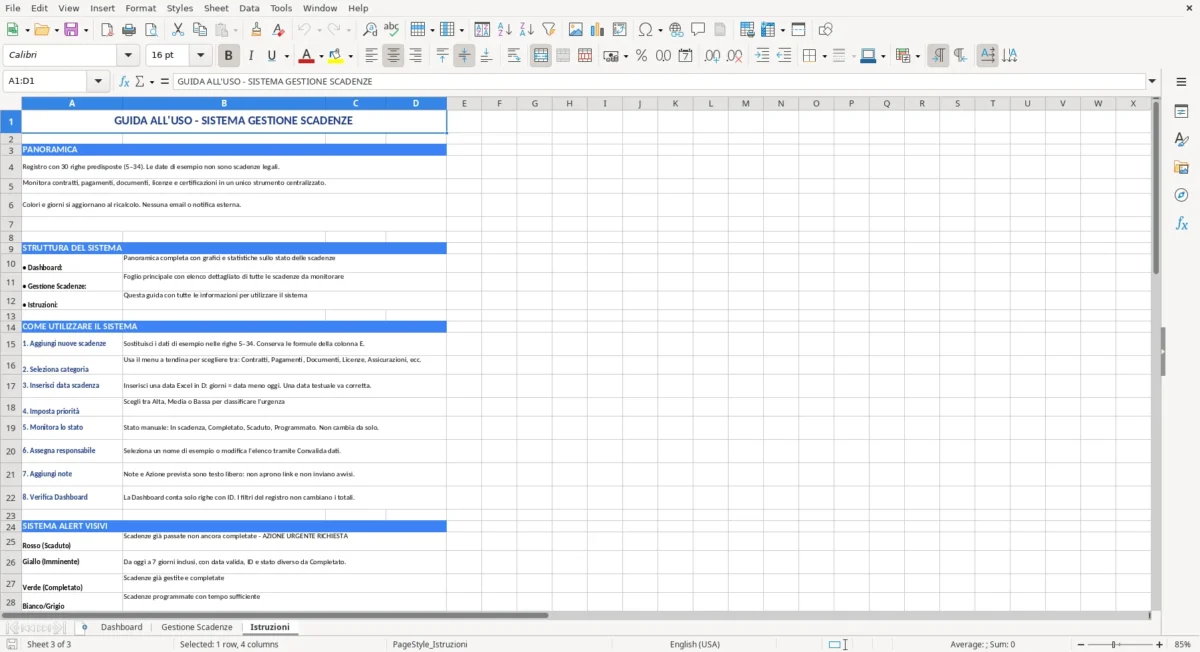 Figura 3: Foglio Istruzioni - Modello Excel gestione scadenze excel