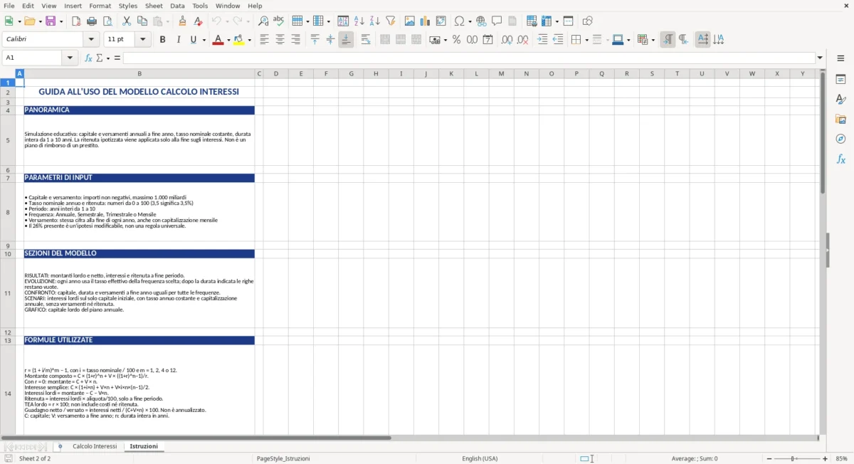 Figura 2: Foglio Istruzioni - Modello Excel modello calcolo interessi excel