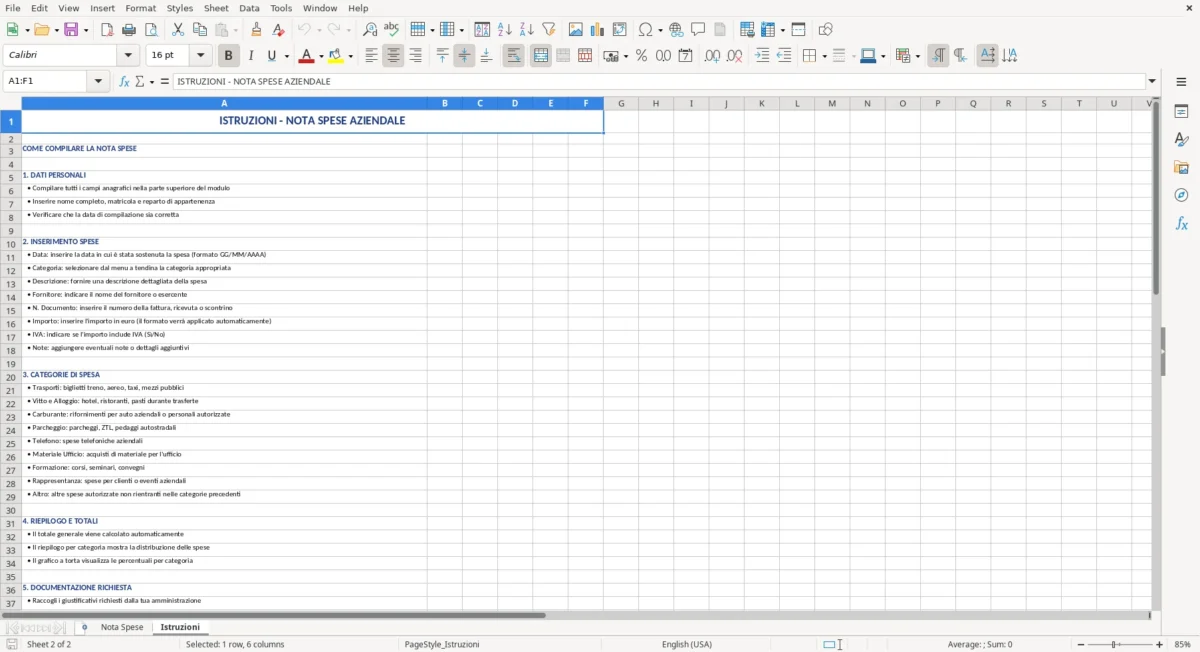 Figura 2: Foglio Istruzioni - Modello Excel modello nota spese excel