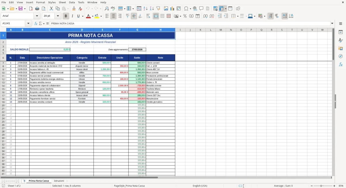Figura 1: Foglio Prima Nota Cassa - Modello Excel modello prima nota cassa excel