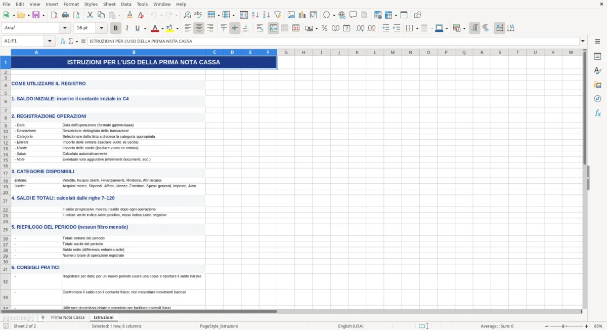 Figura 2: Foglio Istruzioni - Modello Excel modello prima nota cassa excel